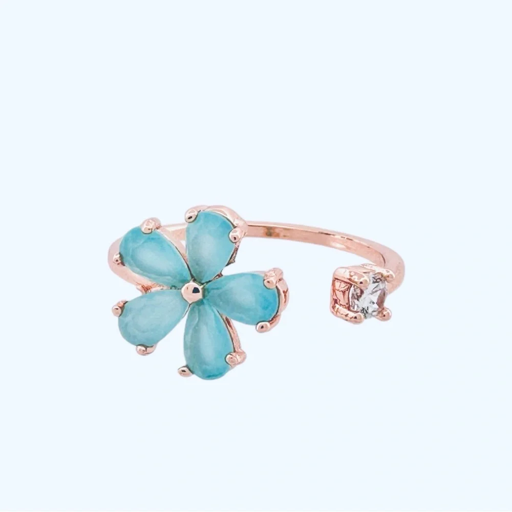 Korean Style Blue CZ Flower Rose Gold Ring with Adjustable Band